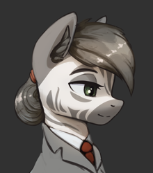 Size: 2384x2712 | Tagged: safe, artist:mrscroup, imported from derpibooru, oc, oc only, oc:zarishat zeirutid, zebra, equestria at war mod, bust, clothes, ear fluff, happy, looking offscreen, mane, portrait, simple background, solo, stripes, zebra oc