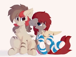 Size: 1620x1234 | Tagged: safe, artist:little-sketches, oc, oc only, oc:ponepony, earth pony, original species, pony, shark, shark pony, butt fluff, cheek fluff, chest fluff, clothes, duo male and female, ear fluff, earth pony oc, eye clipping through hair, eyebrows visible through hair, eyeshadow, female, floppy ears, highlights, leg fluff, looking at each other, looking back, makeup, male, mare, prehensile tail, raised leg, sitting, smiling, socks, stallion, striped socks, stripes, tail hold, tan background, underhoof