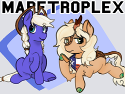 Size: 712x538 | Tagged: safe, artist:cloveryrhythm, imported from derpibooru, oc, oc only, oc:armaredillo, oc:blue bonnet, earth pony, kirin, pony, bandana, braid, cowboy hat, duo, earth pony oc, hat, kirin oc, lying down, maretroplex, mascot, pony oc, raised hoof, sitting, texas flag