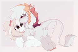 Size: 1652x1112 | Tagged: safe, artist:little-sketches, oc, oc only, oc:ayaka, earth pony, pony, bow, butt, butt fluff, cheek fluff, chest fluff, choker, clothes, colored ears, colored hooves, duo, duo female, ear fluff, earth pony oc, ethereal mane, eye clipping through hair, eyebrows visible through hair, female, floppy ears, hair bow, leg fluff, leonine tail, lidded eyes, lying on top of someone, mare, oc x oc, on back, passepartout, plot, ponytail, raised leg, rear view, shipping, smiling, socks, sparkles, starry mane, stars, streamers, tail aside, underhoof