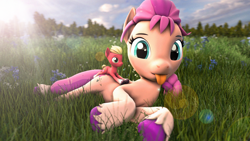 Size: 1920x1080 | Tagged: safe, imported from derpibooru, sprout cloverleaf, sunny starscout, earth pony, pony, 3d, :p, female, field, g5, g5 to g4, generation leap, glare, lying down, lying on top of someone, micro, nature, outdoors, prone, shell, size difference, sky, solo, source filmmaker, sploot, sun, tongue out, toy, tree