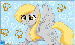 Size: 1343x819 | Tagged: safe, artist:doctordaisydoll, imported from derpibooru, derpy hooves, pegasus, pony, abstract background, animal jam, blue background, female, heart, mare, simple background, smiling, solo