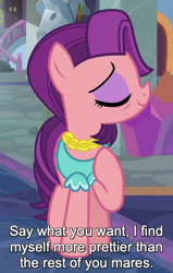 Size: 350x550 | Tagged: safe, edit, edited screencap, editor:jaredking779, imported from derpibooru, screencap, spoiled rich, earth pony, pony, a horse shoe-in, season 9, spoiler:s09, caption, clothes, eyes closed, female, indoors, mare, my little pony, raised hoof, shirt, smiling, solo, text