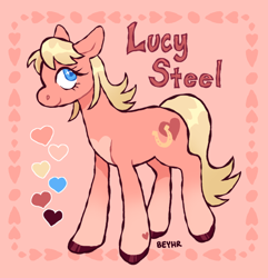 Size: 744x772 | Tagged: safe, artist:beyhr, imported from derpibooru, oc, oc only, earth pony, pony, blonde, blue eyes, coat markings, gradient legs, heart, heart mark, jojo's bizarre adventure, lucy steel, passepartout, ponified, reference sheet, socks (coat markings)