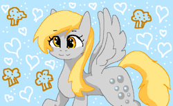 Size: 711x434 | Tagged: safe, artist:doctordaisydoll, imported from derpibooru, derpy hooves, pegasus, pony, abstract background, animal jam, blue background, cute, derpabetes, female, heart, mare, simple background, smiling, solo