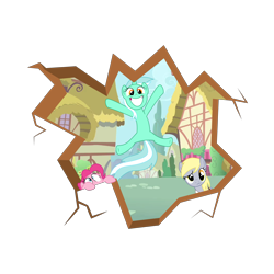 Size: 7973x7973 | Tagged: safe, artist:owlcat, imported from derpibooru, derpy hooves, lyra heartstrings, pinkie pie, fourth wall, outdoors, ponyville