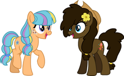 Size: 1280x786 | Tagged: safe, artist:starryoak, imported from derpibooru, oc, oc only, oc:cabaletta crisp, oc:peanut buttercup, earth pony, cowboy hat, duo, duo female, earth pony oc, female, flower, flower in hair, hair tie, hat, simple background, stetson, transparent background