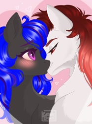 Size: 2360x3153 | Tagged: safe, artist:candybun, imported from derpibooru, oc, oc only, oc:appul light, oc:ebony rose, bat pony, pony, blue mane, blushing, couple, cute, female, heart, holiday, kissing, male, red eyes, red mane, valentine's day, valentine's day 2025, violet eyes