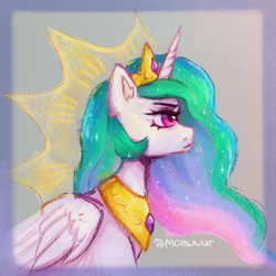 Size: 1200x1200 | Tagged: safe, artist:moewwur, artist:rin-mandarin, imported from derpibooru, princess celestia, pony, unicorn, bust, concentrating, crown, ear fluff, ethereal mane, female, folded wings, gem, horn, jewelry, mare, necklace, pink eyes, portrait, profile, regalia, royalty, solo, starry mane, three toned mane, tiara, wings