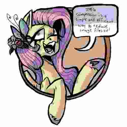 Size: 500x500 | Tagged: safe, alternate version, artist:maniczombiedreamgirl, imported from derpibooru, fluttershy, butterfly, bad advice fluttershy, butterfly hairpin, exploitable meme, flower, flower in hair, hoof heart, meme, needs more jpeg, raised hoof, redraw, simple background, speech bubble, underhoof, unshorn fetlocks, white background