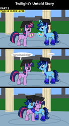 Size: 1920x3516 | Tagged: safe, artist:platinumdrop, imported from derpibooru, twilight sparkle, oc, oc:blue thunder, comic:twilight's untold story, 3 panel comic, comic, commission, dialogue, eyes closed, female, graduation cap, happy, hat, hug, magic, male, smiling, speech bubble, talking, telekinesis