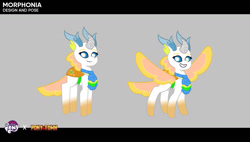 Size: 1272x720 | Tagged: safe, imported from derpibooru, oc, oc:morphonia, butterfly, changedling, changeling, pony, pony town, changeling oc, design, g5, gray background, horns, logo, my little pony: tell your tale, name, pose, simple background, wings