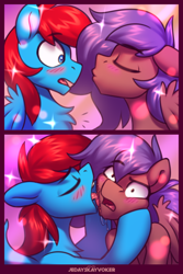 Size: 2000x3000 | Tagged: safe, artist:jedayskayvoker, imported from derpibooru, oc, oc:kladro, oc:vodorod, pegasus, pony, blushing, colored sketch, cute, drool, folded wings, funny, gay, gradient background, kissing, licking, licking cheeks, long mane, long mane male, male, males only, panel, panels, pegasus oc, shocked, shocked expression, sketch, sparkles, spread wings, tongue out, wings