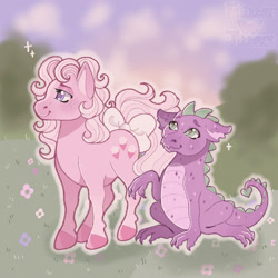 Size: 2048x2048 | Tagged: safe, artist:flitterjitters, imported from derpibooru, spike (g1), dragon, earth pony, pony, baby lickety-split, bow, cloud, female, filly, flower, foal, g1, grass, male, sky, tail, tail bow, watermark