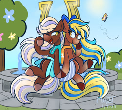 Size: 1353x1222 | Tagged: safe, alternate version, artist:malcat, imported from derpibooru, butterfly, horse, bow, bush, cheerleader, cheerleader outfit, clothes, duo, duo female, female, flower, fountain, gradient legs, gradient muzzle, hair bow, horseshoes, jumping, looking at each other, looking at someone, mare, one eye closed, open mouth, open smile, skirt, sky, smiling, sports outfit, sun, tilly (wild manes), tree, water, wild manes, wink, zoey (wild manes)