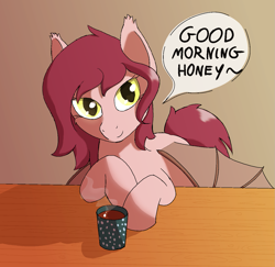 Size: 1375x1338 | Tagged: safe, artist:frilanka, imported from derpibooru, oc, oc:sunrise sundae, bat pony, pony, chocolate, dialogue box, female, food, hot chocolate, looking at you, loose hair, mare, morning, simple background, smiling, spread wings, steam, talking to viewer, text, wings