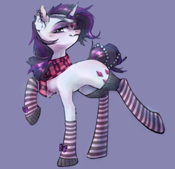 Size: 2454x2378 | Tagged: safe, artist:rover, artist:rrrover, imported from derpibooru, rarity, pony, unicorn, clothes, goth, horn, looking at you, makeup, scarf, socks, solo