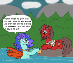 Size: 1778x1530 | Tagged: safe, artist:supahdonarudo, imported from derpibooru, oc, oc only, oc:ironyoshi, oc:sea lilly, seapony (g4), unicorn, camera, clothes, cloud, dialogue, forest, horn, jewelry, lake, looking at each other, looking at someone, lying down, mountain, mountain range, nature, necklace, prone, rock, shirt, speech bubble, text, tree, water