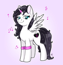 Size: 772x798 | Tagged: safe, imported from derpibooru, oc, alicorn, alicorn oc, commission, confident, cute, horn, music, music notes, oc on, smiling, smirk, smug, snark, wings