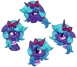 Size: 1665x1446 | Tagged: safe, artist:unichan, imported from derpibooru, oc, oc only, oc:lilac tart, pony, unicorn, :p, blank stare, blue mane, bow, clothes, commission, concerned, depressed, disgusted, emotes, eyelashes, female, floppy ears, hair bow, hair tie, happy, horn, looking to the left, looking to the right, mare, open mouth, pink eyes, ponytail, purple coat, sad, simple background, tongue out, transparent background, unicorn oc, ych result