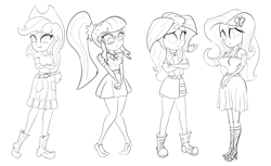 Size: 2190x1344 | Tagged: safe, artist:calmbreezes, imported from derpibooru, applejack, fluttershy, sci-twi, sunset shimmer, twilight sparkle, human, equestria girls, breasts, busty fluttershy, crossed arms, looking down, monochrome, sketch