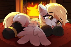 Size: 2432x1619 | Tagged: safe, artist:sirbreadstick99, derpibooru exclusive, imported from derpibooru, derpy hooves, pegasus, pony, :p, clothes, cute, ear fluff, eye clipping through hair, female, females only, fire, fireplace, golden eyes, gray coat, lying down, rug, socks, solo, spread wings, sweet dreams fuel, tongue out, wings, yellow mane