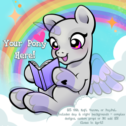 Size: 2400x2400 | Tagged: safe, artist:sparkytopia, imported from derpibooru, pony, advertisement, blank pony, book, cloud, commission, g3, looking at something, open mouth, open smile, outdoors, rainbow, reading, signature, smiling, solo, text, your character here