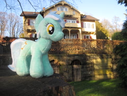 Size: 4000x3000 | Tagged: safe, imported from derpibooru, lyra heartstrings, pony, unicorn, horn, irl, outdoors, photo, plushie