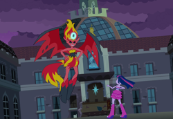 Size: 2048x1412 | Tagged: safe, composite screencap, edit, edited screencap, editor:pascalmulokozi2, imported from derpibooru, screencap, sunset shimmer, twilight sparkle, alicorn, demon, succubus, equestria girls, big crown thingy, canterlot city, canterlot high, clothes, cloud, cloudy, demon wings, devil tail, dress, element of magic, evil, evil grin, faceoff, fall formal, fall formal outfits, female, glowing, grin, hand on hip, jewelry, my little pony equestria girls, night, outdoors, regalia, smiling, strapless, strapless dress, sunset satan, tail, twilight sparkle (alicorn), wind, wings, wreckage