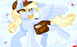 Size: 711x434 | Tagged: safe, imported from derpibooru, derpy hooves, pegasus, pony, animal jam, bag, digital art, female, flying, food, mail, mailbag, mare, mouth hold, sky, smiling, solo