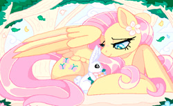 Size: 711x434 | Tagged: source needed, safe, artist:meloett, imported from derpibooru, angel bunny, fluttershy, pegasus, pony, rabbit, animal, animal jam, digital art, duo, female, flower, leaf, looking at each other, looking at someone, mare, smiling, tree