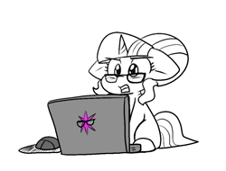 Size: 954x724 | Tagged: safe, artist:zutcha, imported from derpibooru, sci-twi, twilight sparkle, pony, unicorn, equestria girls, computer, cute, equestria girls ponified, female, floppy ears, glasses, horn, laptop computer, mare, missing cutie mark, open mouth, partial color, simple background, sitting, solo, twiabetes, unicorn sci-twi, white background