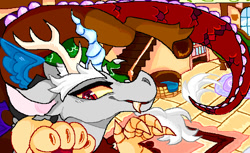 Size: 711x434 | Tagged: source needed, safe, artist:meloett, imported from derpibooru, discord, draconequus, animal jam, detailed background, digital art, fangs, indoors, smiling, solo, teeth