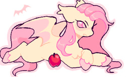 Size: 711x434 | Tagged: source needed, safe, artist:alightrose, imported from derpibooru, fluttershy, bat pony, pony, apple, bat ponified, female, flutterbat, food, lying down, mare, outline, pink outline, prone, race swap, simple background, smiling, solo, white background