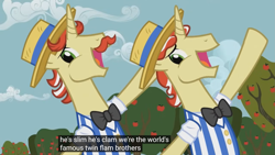Size: 1919x1079 | Tagged: safe, edit, edited screencap, imported from derpibooru, screencap, flam, flim, unicorn, brothers, caption, duo, duo male, flim flam brothers, horn, male, meme, my little pony, siblings, stallion, youtube caption, youtube link