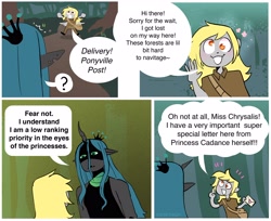 Size: 2572x2099 | Tagged: safe, artist:stevetwisp, imported from derpibooru, derpy hooves, queen chrysalis, anthro, changeling, changeling queen, human, comic:bugmuffins, bag, comic, dialogue, duo, female, forest, humanized, letter, mailbag, nature, speech bubble, tree, winged humanization, wings