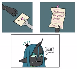 Size: 2282x2045 | Tagged: safe, artist:stevetwisp, imported from derpibooru, derpy hooves, anthro, changeling, changeling queen, human, comic:bugmuffins, comic, dialogue, duo, female, letter, speech bubble