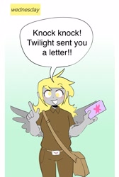 Size: 2680x4000 | Tagged: safe, artist:stevetwisp, imported from derpibooru, derpy hooves, human, comic:bugmuffins, bag, dialogue, female, humanized, letter, mailbag, pony coloring, solo, speech bubble, winged humanization, wings