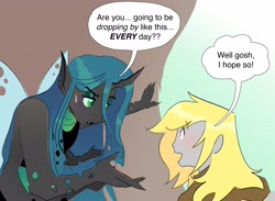Size: 3500x2564 | Tagged: safe, artist:stevetwisp, imported from derpibooru, derpy hooves, queen chrysalis, anthro, changeling, changeling queen, human, comic:bugmuffins, blushing, dialogue, duo, female, four arms, humanized, multiple arms, pony coloring, speech bubble, sweat, winged humanization, wings