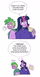 Size: 2106x4096 | Tagged: safe, artist:stevetwisp, imported from derpibooru, spike, twilight sparkle, human, comic:bugmuffins, clothes, comic, deadpan snarker, dialogue, duo, duo male and female, elf ears, female, g4, glowing, glowing horn, high res, hoodie, horn, horned humanization, human spike, humanized, letter, magic, magic aura, male, older, older spike, pony coloring, question mark, speech bubble, telekinesis, winged humanization, wings