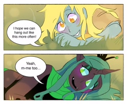 Size: 2500x2051 | Tagged: safe, artist:stevetwisp, imported from derpibooru, derpy hooves, queen chrysalis, anthro, changeling, changeling queen, human, comic:bugmuffins, blushing, comic, derpalis, dialogue, duo, female, four arms, humanized, lesbian, lying down, multiple arms, pony coloring, shipping, speech bubble, spread wings, winged humanization, wings