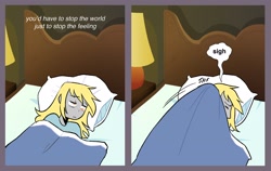 Size: 2700x1704 | Tagged: safe, artist:stevetwisp, imported from derpibooru, derpy hooves, human, comic:bugmuffins, bed, comic, derp, female, humanized, pony coloring, sigh, solo, speech bubble, unhappy