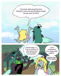 Size: 1989x2500 | Tagged: safe, artist:stevetwisp, imported from derpibooru, derpy hooves, queen chrysalis, anthro, changeling, changeling queen, human, comic:bugmuffins, comic, derpalis, dialogue, duo, female, forest, humanized, lesbian, nature, pony coloring, shipping, speech bubble, tree, winged humanization, wings
