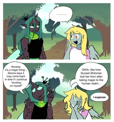 Size: 2056x2200 | Tagged: safe, artist:stevetwisp, imported from derpibooru, derpy hooves, queen chrysalis, anthro, changeling, changeling queen, human, comic:bugmuffins, comic, derpalis, dialogue, duo, female, forest, humanized, implied equestria girls, implied sunset shimmer, implied zecora, lesbian, nature, pony coloring, shipping, speech bubble, tree, winged humanization, wings