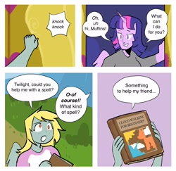 Size: 2261x2200 | Tagged: safe, artist:stevetwisp, imported from derpibooru, derpy hooves, twilight sparkle, human, comic:bugmuffins, blushing, book, comic, dialogue, duo, horn, horned humanization, humanized, knocking, pony coloring, speech bubble, spellbook, sweat, winged humanization, wings