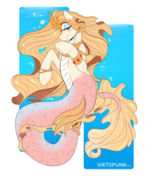 Size: 1710x1974 | Tagged: safe, artist:viktiipunk, imported from derpibooru, oc, merpony, pony, seapony (g4), eyeshadow, female, horn, jewelry, looking at you, makeup, mare, smiling, tail, wavy mane, wavy tail