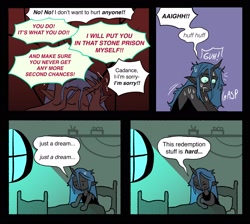 Size: 2456x2200 | Tagged: safe, artist:stevetwisp, imported from derpibooru, queen chrysalis, anthro, changeling, changeling queen, comic:bugmuffins, bed, comic, dialogue, dream, female, implied princess cadance, speech bubble, sweat, waking up