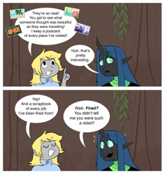 Size: 1900x2012 | Tagged: safe, artist:stevetwisp, imported from derpibooru, derpy hooves, queen chrysalis, anthro, changeling, changeling queen, human, comic:bugmuffins, blushing, comic, dialogue, duo, fangs, female, humanized, speech bubble, winged humanization, wings