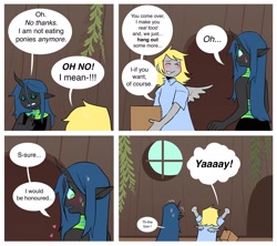 Size: 1900x1688 | Tagged: safe, artist:stevetwisp, imported from derpibooru, derpy hooves, queen chrysalis, anthro, changeling, changeling queen, human, comic:bugmuffins, blushing, comic, derpalis, dialogue, duo, female, floating heart, heart, humanized, lesbian, shipping, speech bubble, sweat, winged humanization, wings
