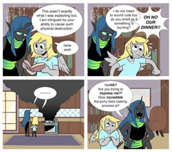 Size: 2000x1778 | Tagged: safe, artist:stevetwisp, imported from derpibooru, derpy hooves, queen chrysalis, anthro, changeling, changeling queen, human, comic:bugmuffins, burning, comic, dialogue, fangs, female, humanized, speech bubble, spread wings, sweat, teary eyes, winged humanization, wings